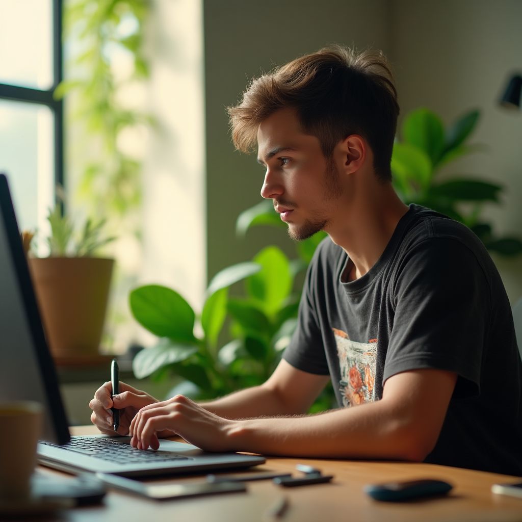 An Australian game developer working on a computer in a creative studio.