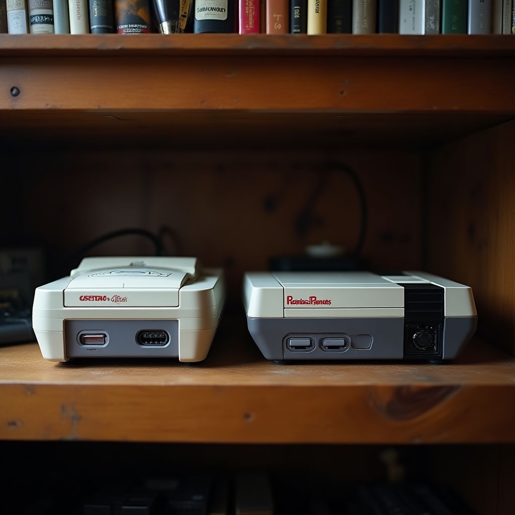 A collection of retro gaming consoles.